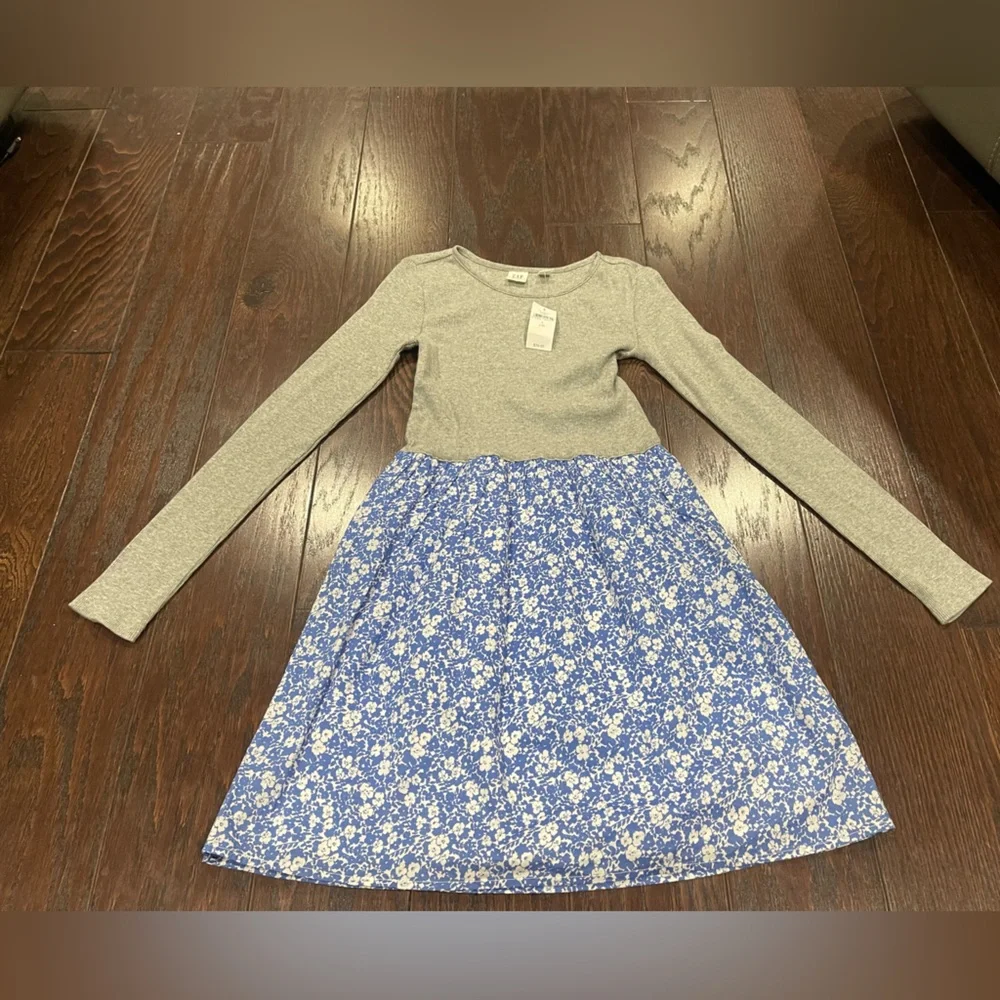 Gap Kids Girls Knit/Woven Dress, Grey Thermal Top Blue Floral Bottom Size 10 NEW
